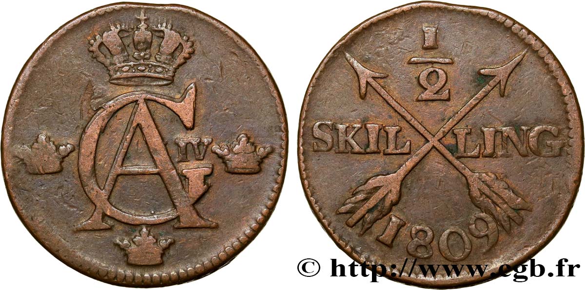 SWEDEN 1/2 Skilling monogramme du roi Gustave IV Adolphe 1809  VF 