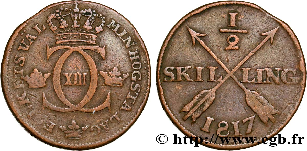 SWEDEN 1/2 Skilling monogramme du roi Charles XIII 1817  VF 