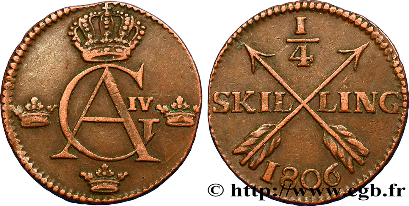SWEDEN 1/4 Skilling monogramme du roi Gustave IV Adolphe 1806  XF 