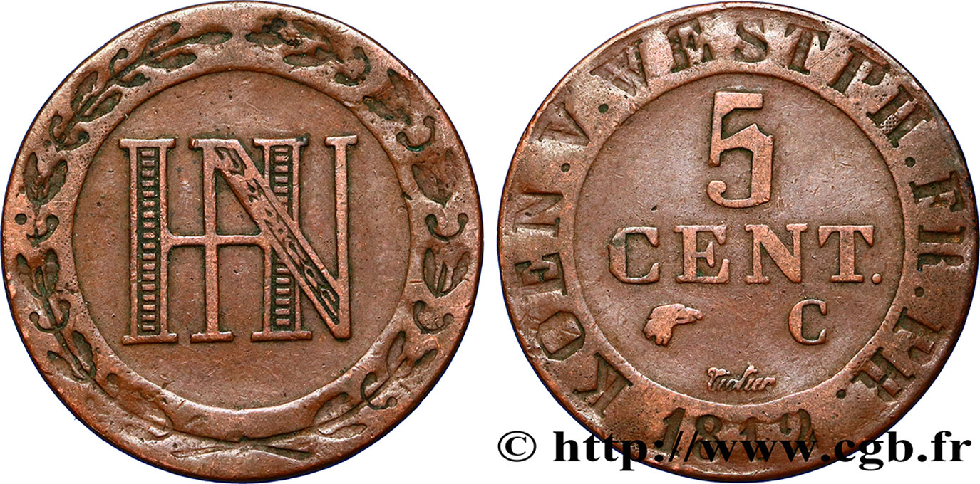 GERMANY - KINGDOM OF WESTPHALIA 5 Centimes monogramme de Jérôme Napoléon 1812 Cassel XF 
