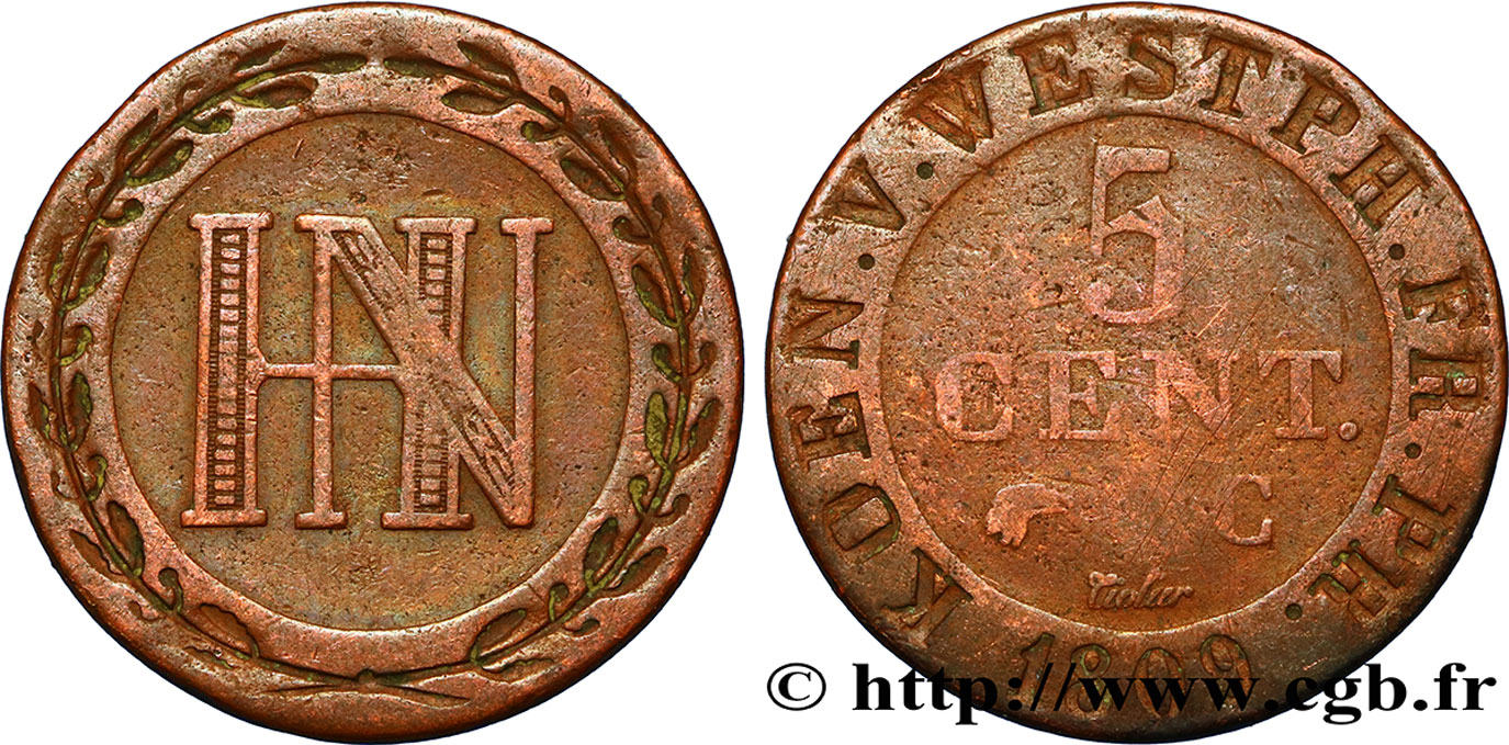 GERMANY - KINGDOM OF WESTPHALIA 5 Centimes monogramme de Jérôme Napoléon 1809  VF 