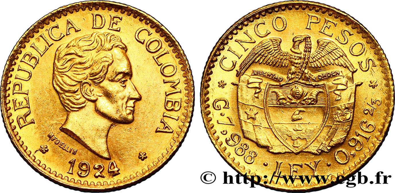 COLOMBIA 5 Pesos or Simon Bolivar 1924 Medellin AU 