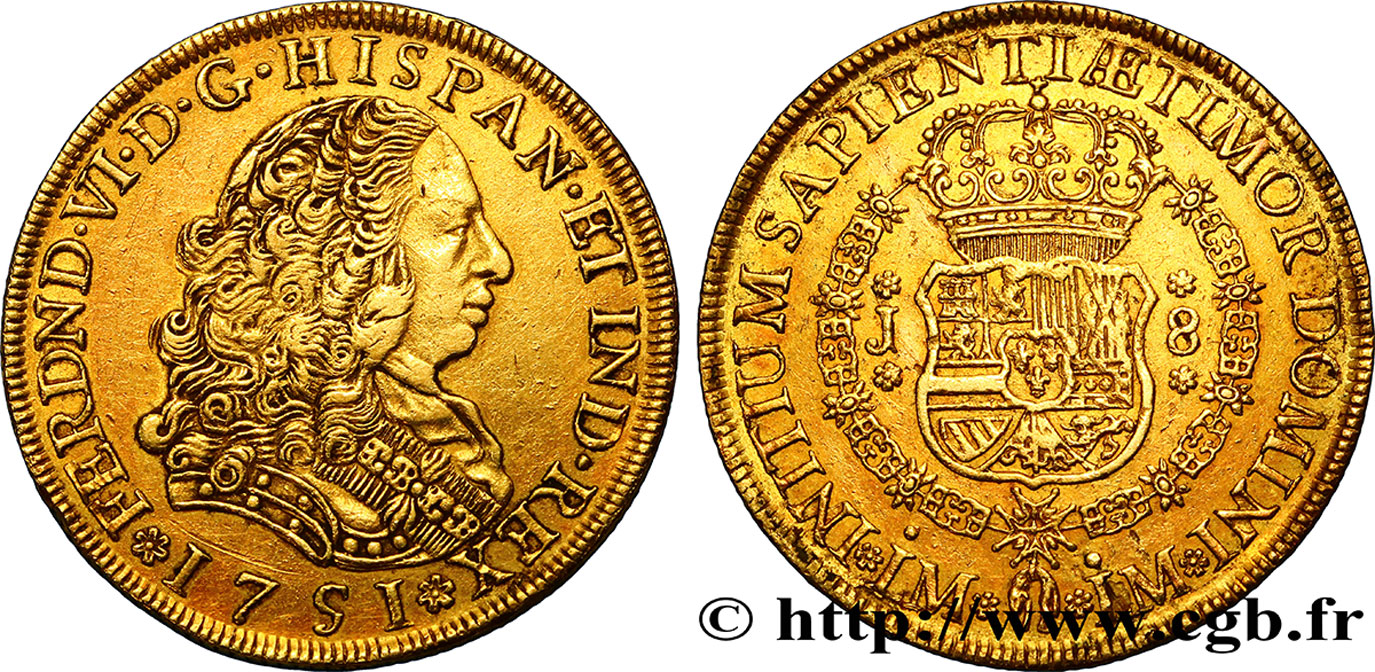 PÉROU - FERDINAND VI 8 Escudos 1751 Lima fVZ 