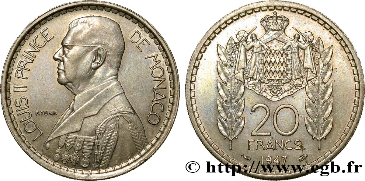 MONACO 20 Francs prince Louis II / armes 1947 Paris EBC 