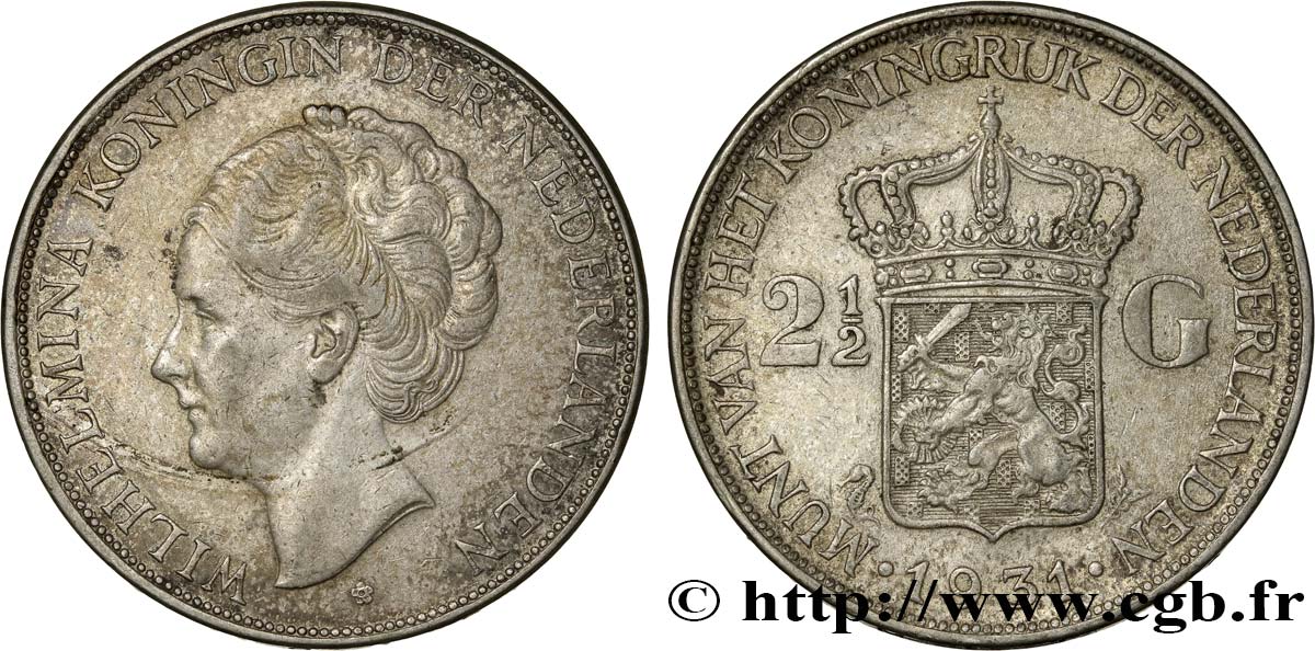 NETHERLANDS 2 1/2 Gulden Wilhelmina 1931  XF 