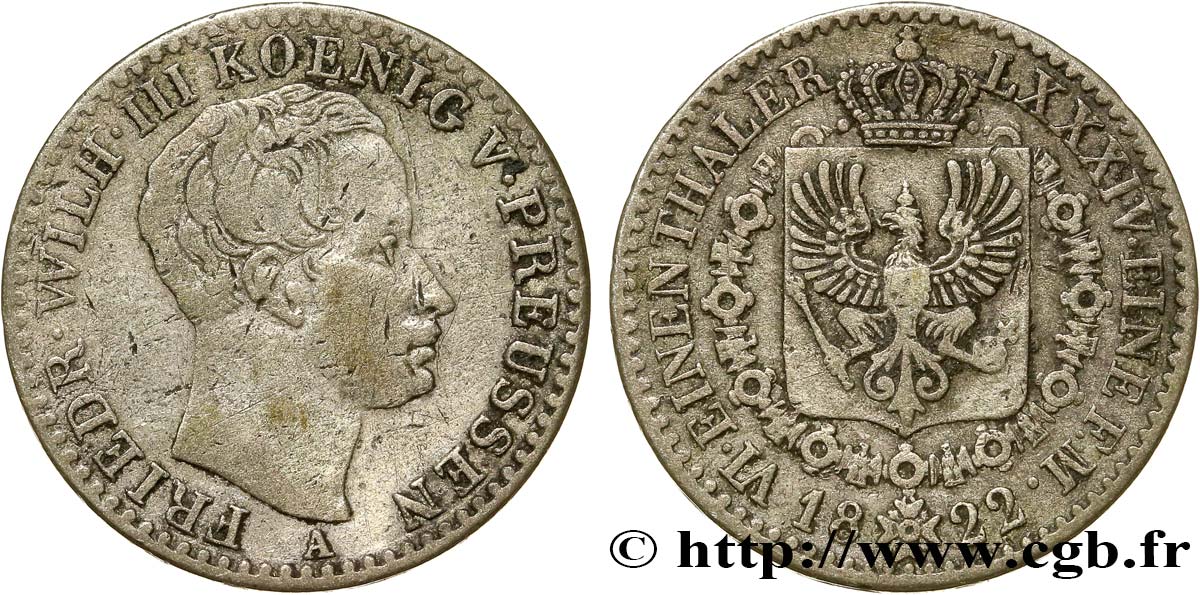 GERMANY - PRUSSIA 1/6 Thaler Frédéric-Guillaume III roi de Prusse 1822 Berlin VF 