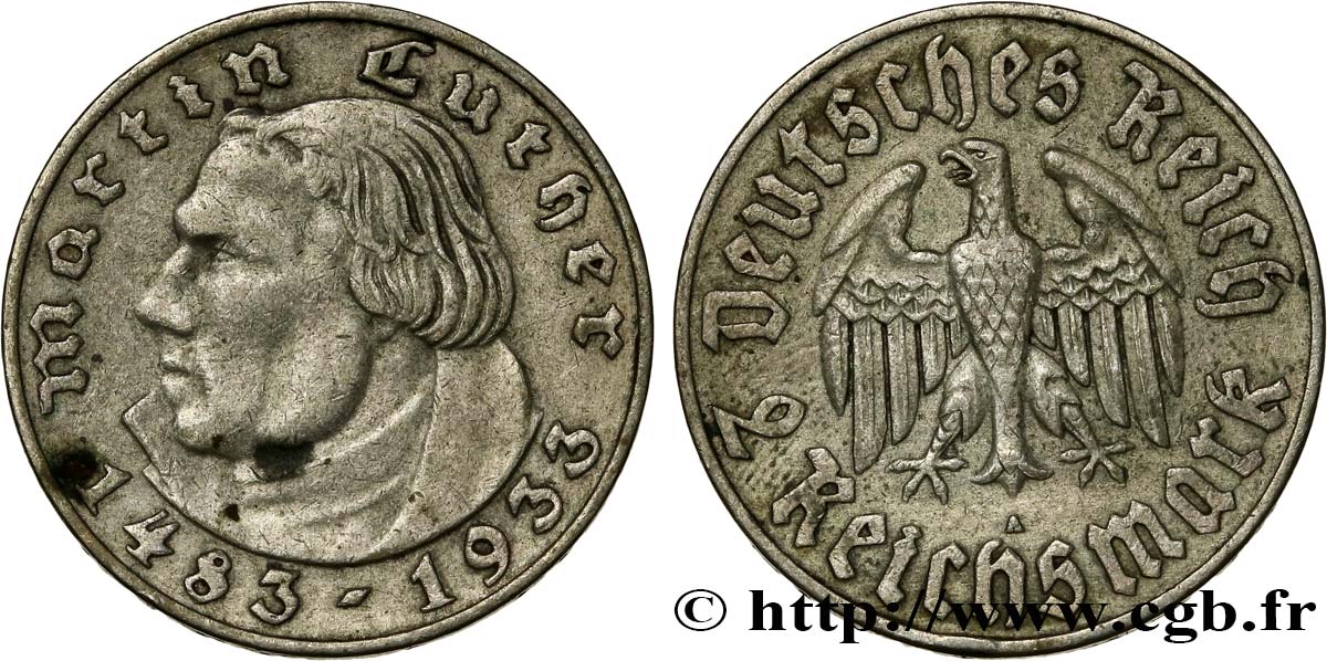 GERMANY 2 Reichsmark Martin Luther / aigle 1933 Berlin XF 