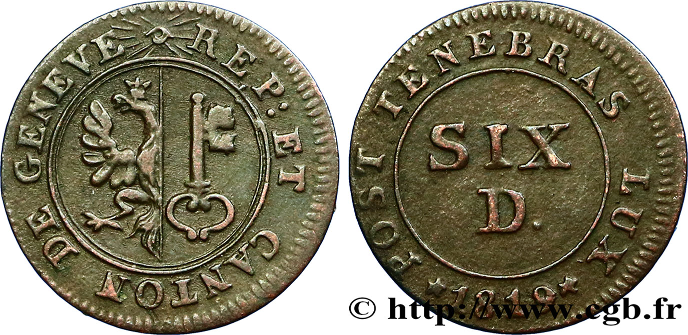 SWITZERLAND - REPUBLIC OF GENEVA 1 Sol 6 Deniers 1819  XF 