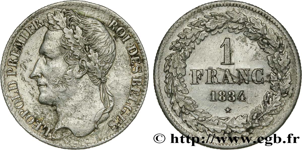 BELGIUM 1 Franc Léopold Ier 1834 Bruxelles XF 