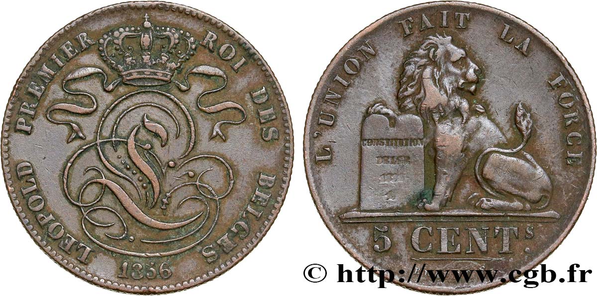 BELGIQUE 5 Centimes monograme de Léopold couronné / lion 1856  TTB 