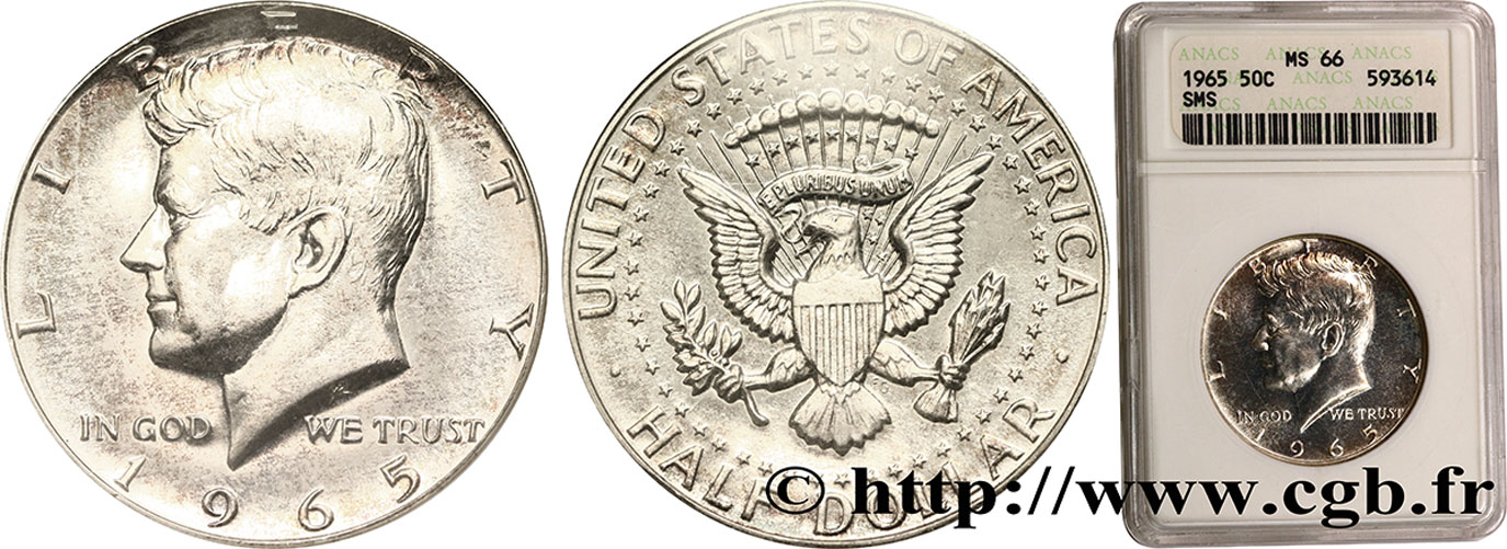 VEREINIGTE STAATEN VON AMERIKA 1/2 Dollar Kennedy 1965 Philadelphie ST66 ANACS