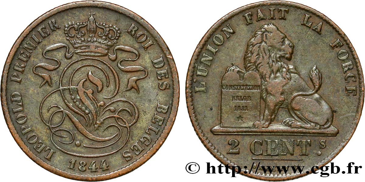 BÉLGICA 2 Centimes lion monogramme de Léopold Ier 1844  MBC 
