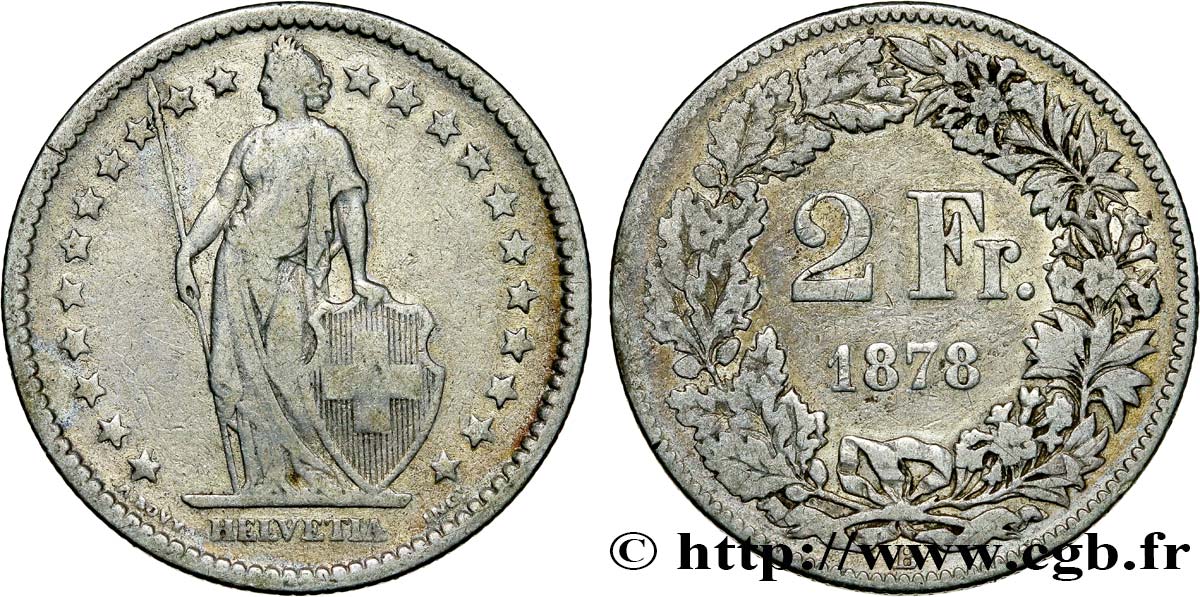 SVIZZERA  2 Francs Helvetia 1878 Berne MB 
