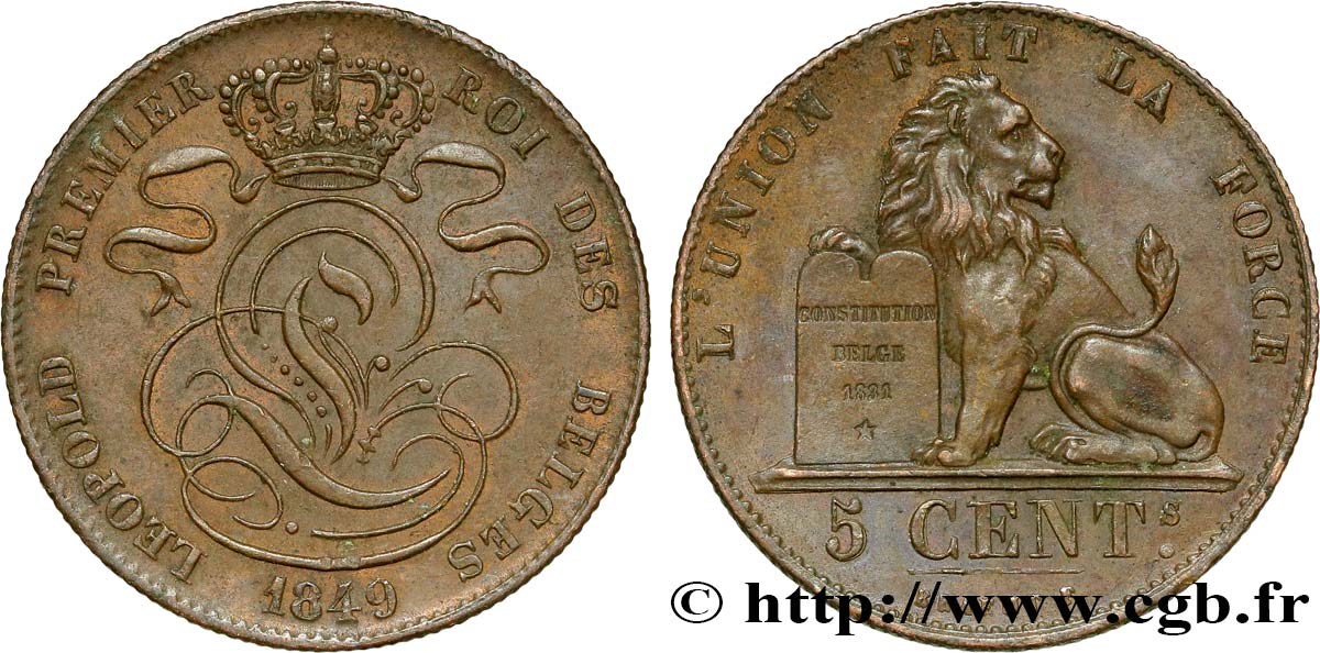 BELGIEN 5 Centimes monogramme de Léopold Ier / lion 1849  VZ 