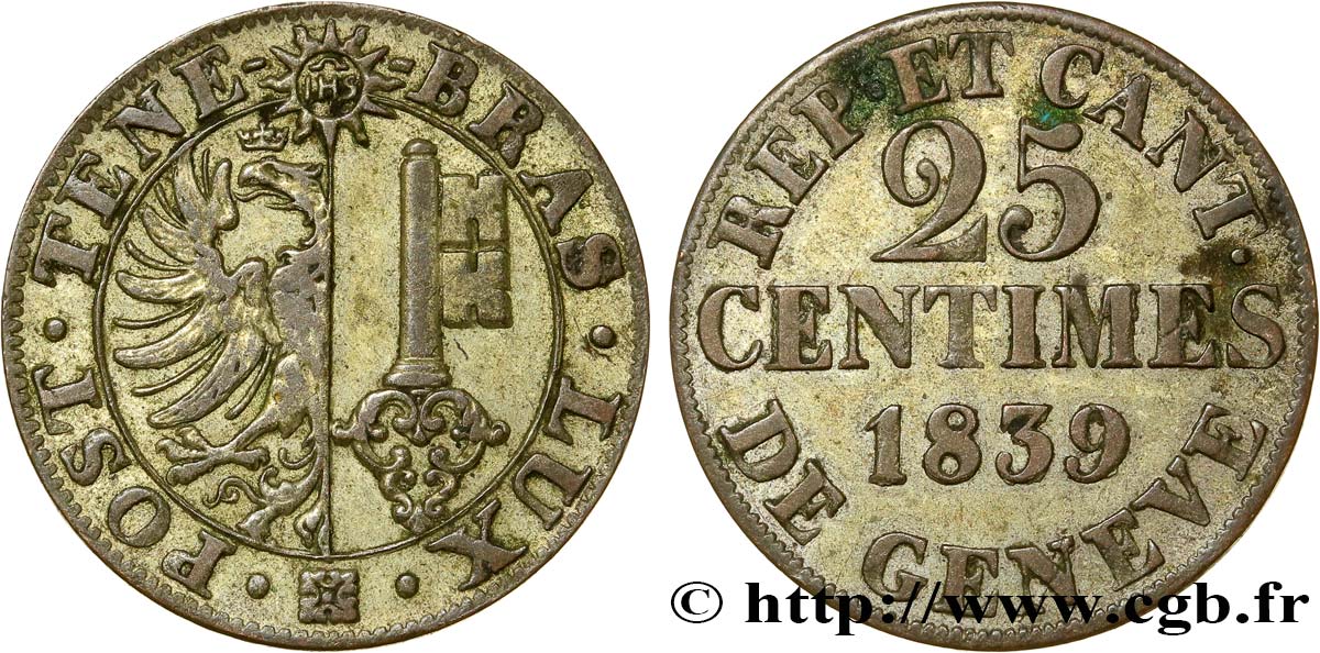 SWITZERLAND - REPUBLIC OF GENEVA 25 Centimes - Canton de Genève 1839  AU 