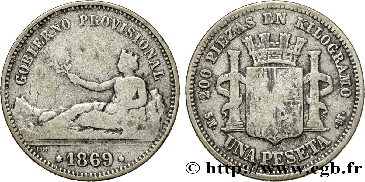 ESPAGNE 1 Peseta monnayage provisoire (1869) avec mention “Gobierno Provisional” 1869 Madrid TB 