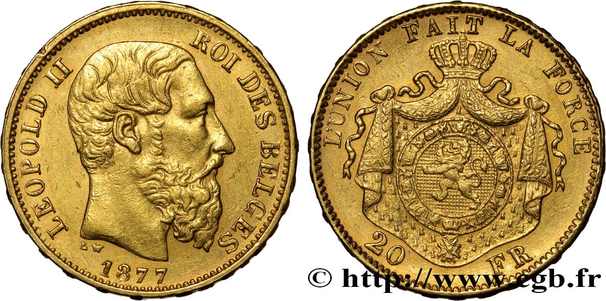 BÉLGICA 20 Francs or Léopold II 1877 Bruxelles MBC 