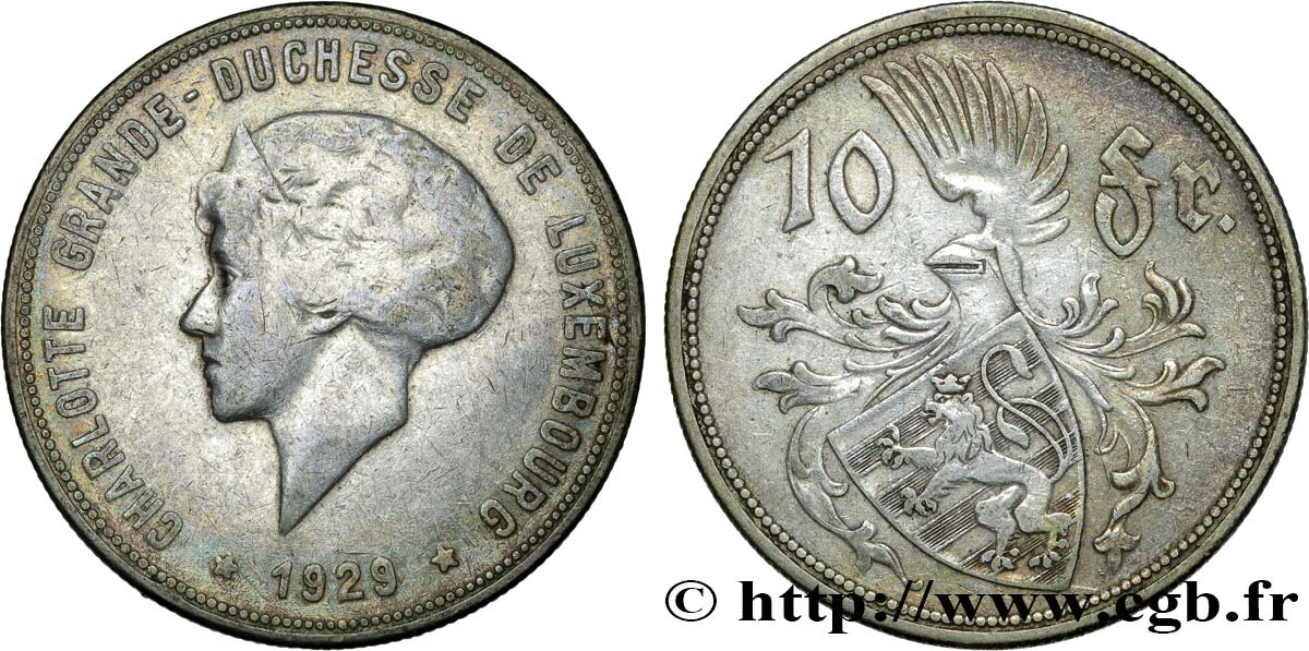 LUXEMBOURG 10 Francs Princesse Charlotte 1929  XF 