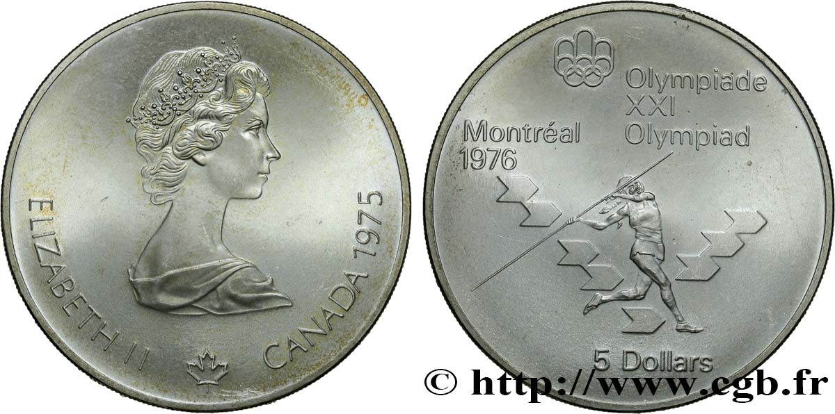 KANADA 5 Dollars JO Montréal 1976 lancer du javelot / Elisabeth II 1975  fST 