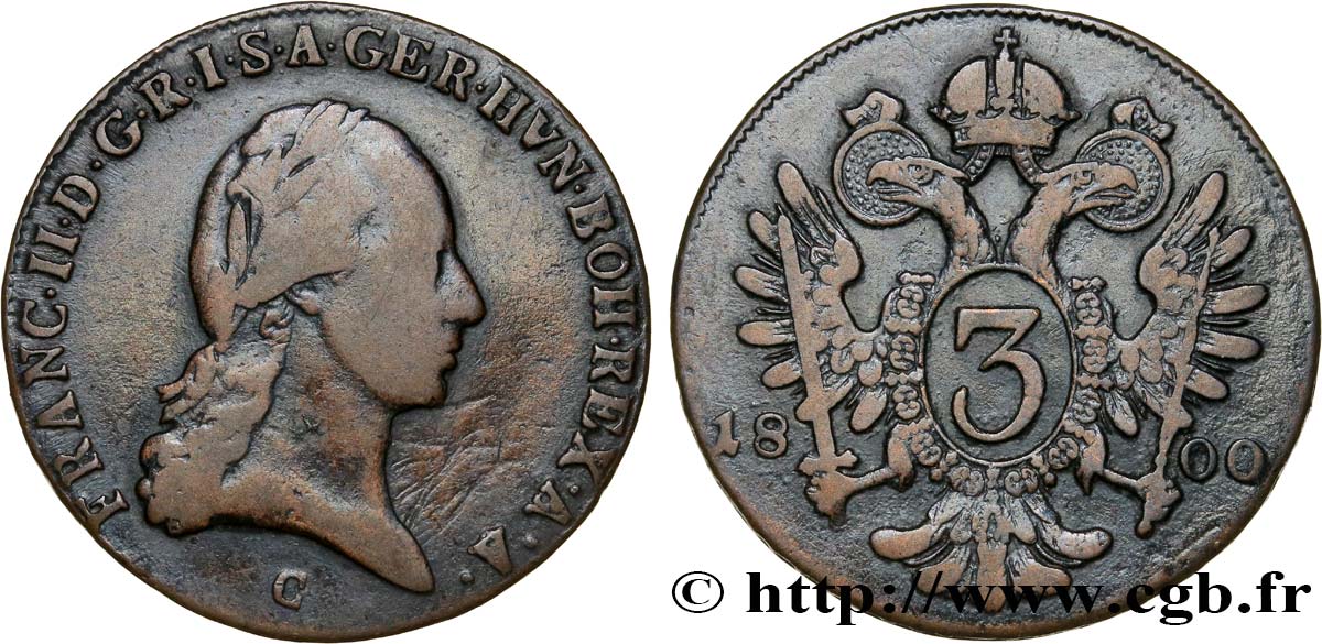 AUSTRIA 3 Kreuzer François II 1800  BC+/MBC 