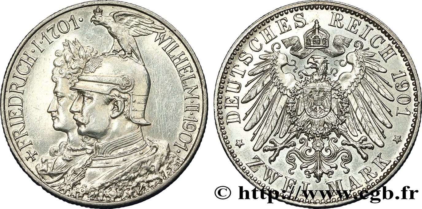 GERMANY - PRUSSIA 2 Mark Guillaume II 200e anniversaire de la Prusse 1901 Berlin AU 
