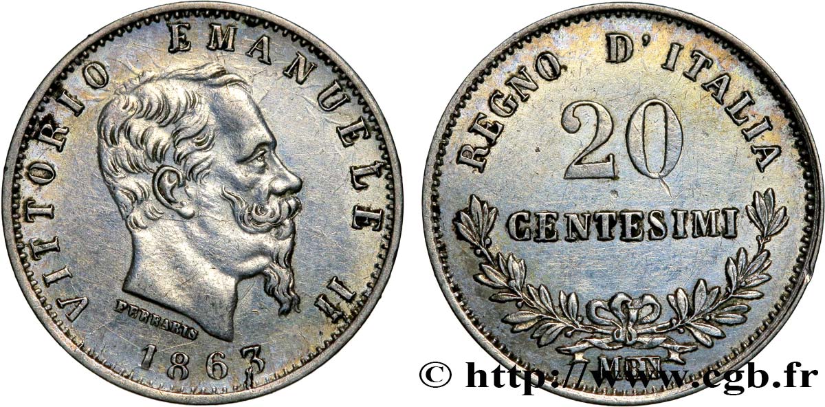 ITALIA 20 Centesimi Victor Emmanuel II 1863 Milan SPL 