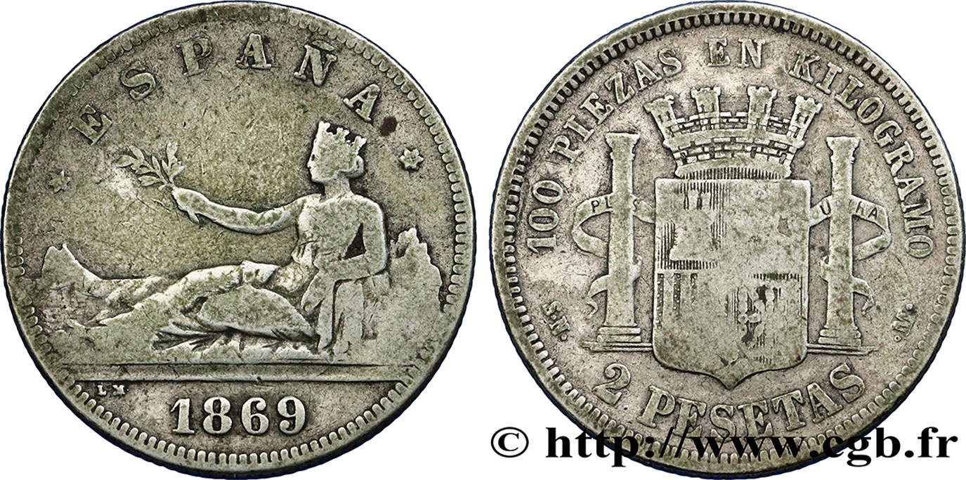 ESPAÑA 2 Pesetas “ESPAÑA” allongée / emblème 1869 Madrid BC 