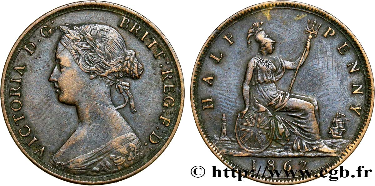 UNITED KINGDOM 1/2 Penny Victoria “Bun Head” 1862  XF 