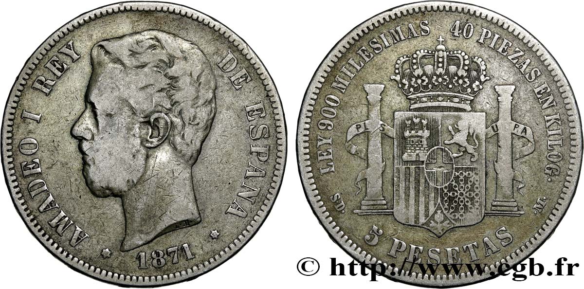 SPANIEN 5 Pesetas Amédée Ier  1871 Madrid S 
