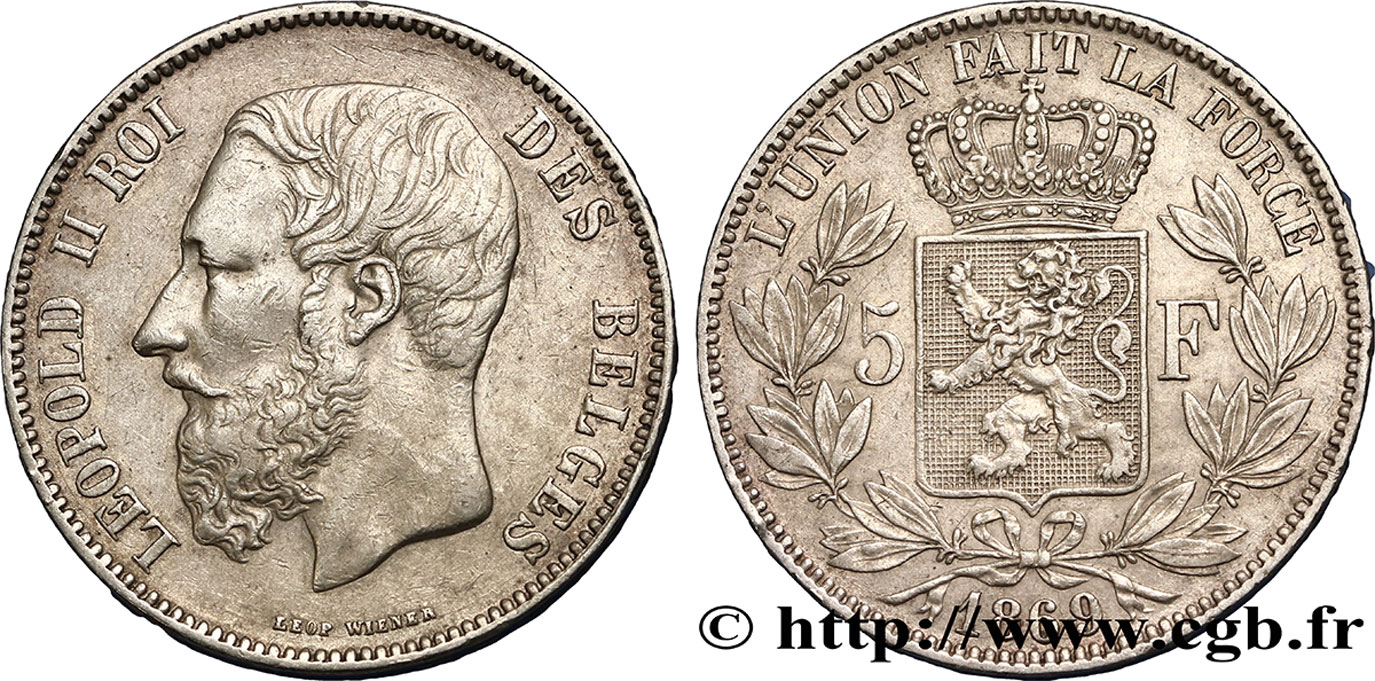 BELGIEN 5 Francs Léopold II 1869  SS 