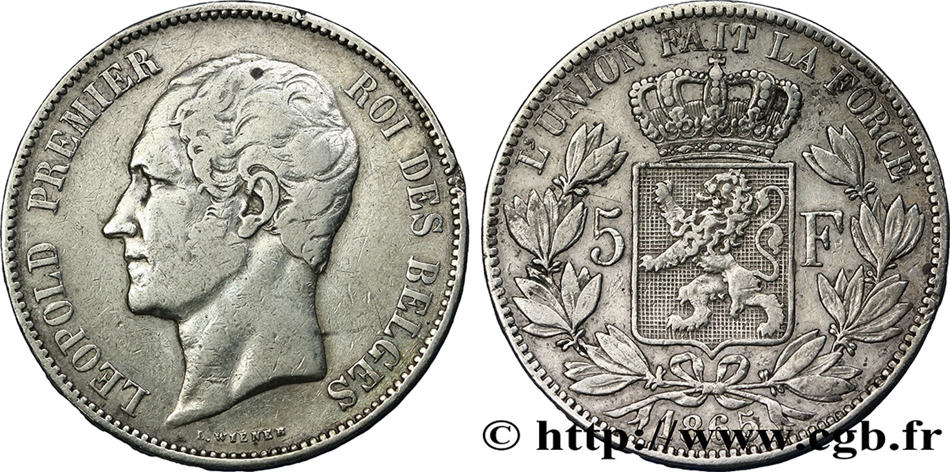 BELGIEN 5 Francs Léopold Ier tête nue 1865  S 