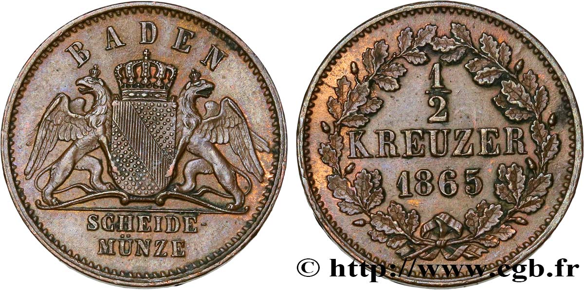 GERMANY - BADEN 1/2 Kreuzer Grand-Duché de Bade 1865  AU 