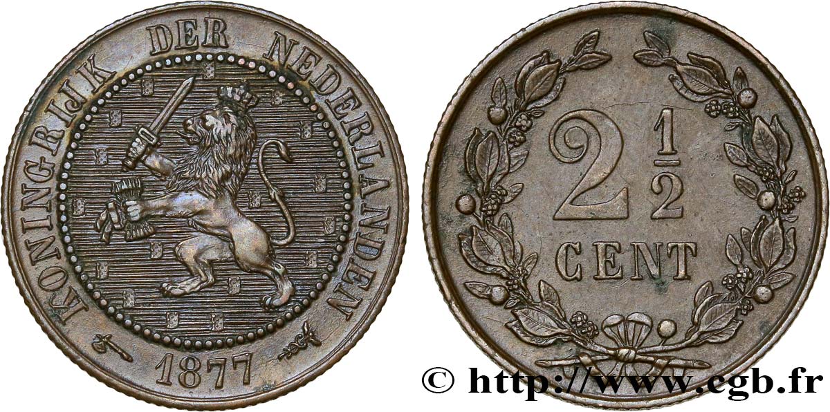 PAESI BASSI 2 1/2 Cents lion couronné 1877 Utrecht SPL 