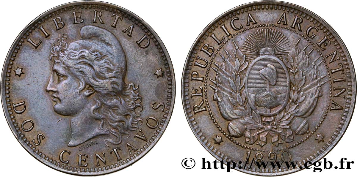 ARGENTINA 2 Centavos emblème / “Liberté” 1890  MBC+ 
