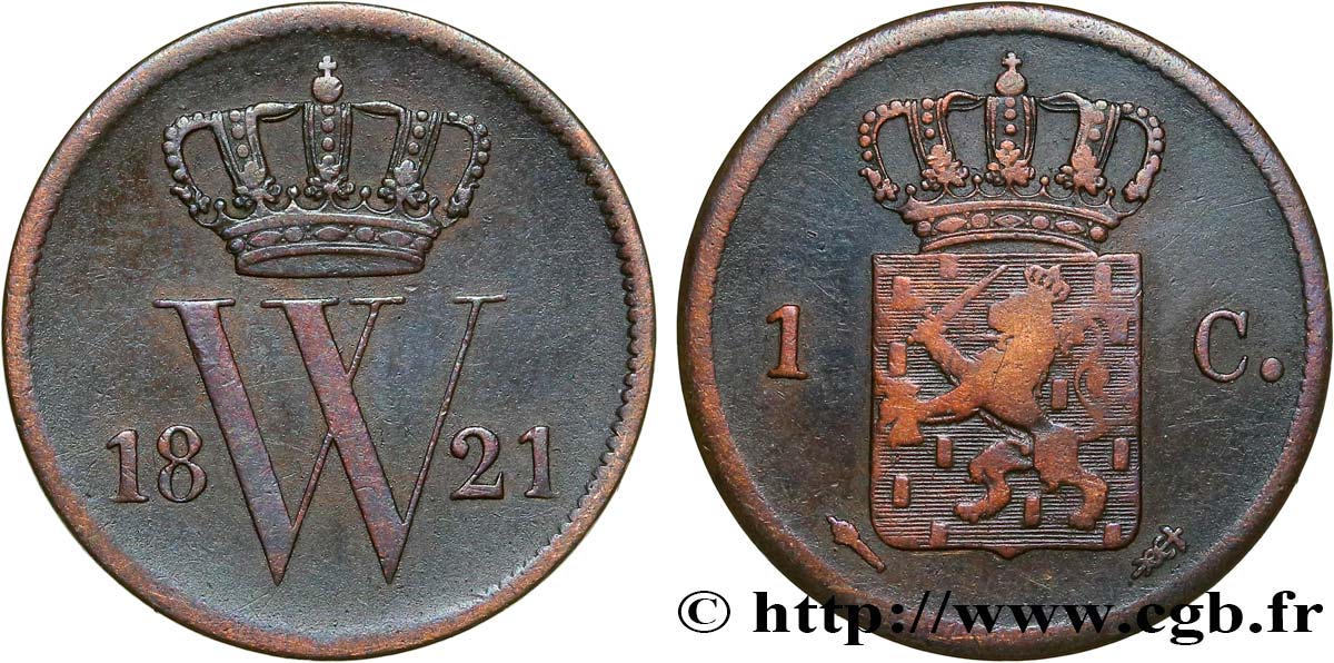 NETHERLANDS 1 Cent  emblème monogramme de Guillaume Ier 1821 Utrecht VF 