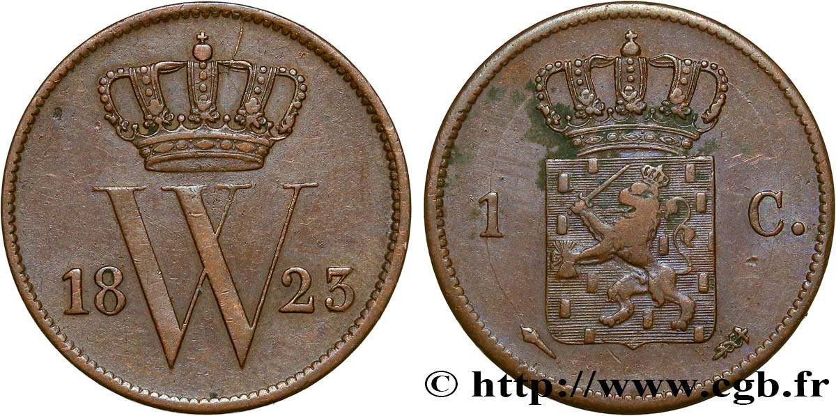 NETHERLANDS 1 Cent  emblème monogramme de Guillaume Ier 1823 Utrecht VF 