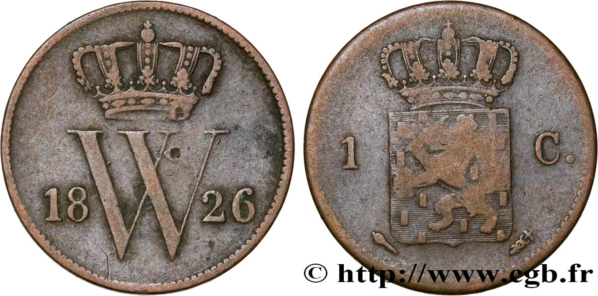 PAESI BASSI 1 Cent  emblème monogramme de Guillaume Ier 1826 Bruxelles MB 