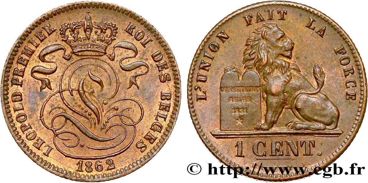 BELGIEN 1 Centime lion monogramme de Léopold Ier 1862  VZ 