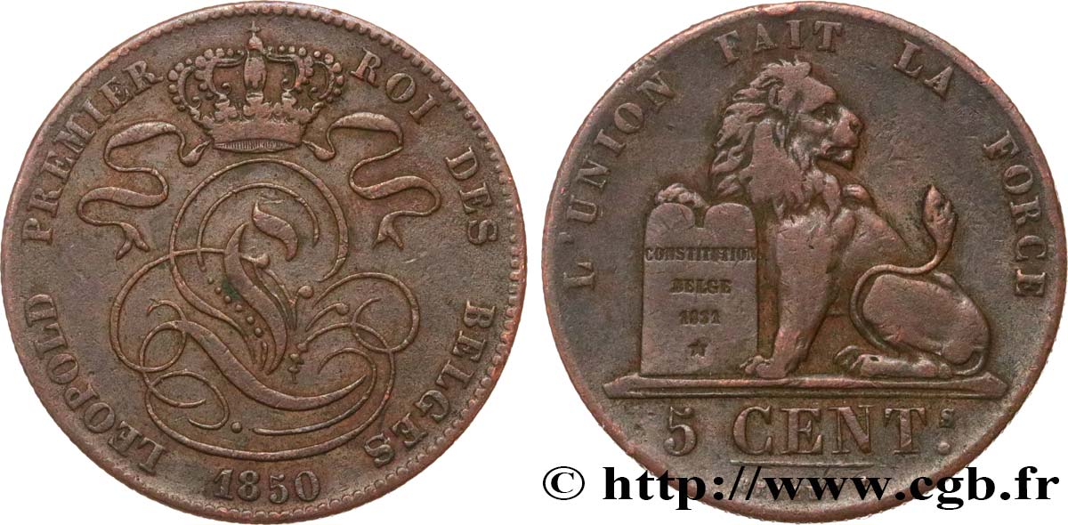 BELGIUM 5 Centimes monograme de Léopold couronné / lion 1850  XF 