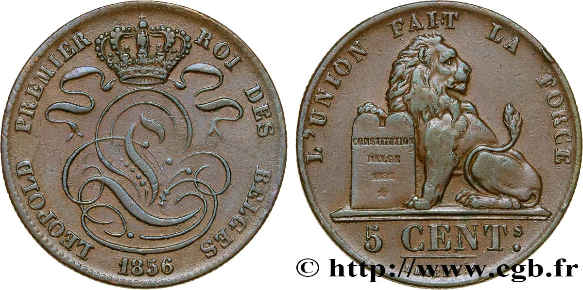 BÉLGICA 5 Centimes monograme de Léopold couronné / lion 1856  MBC+ 