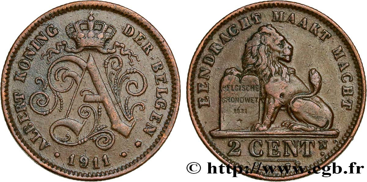BELGIEN 2 Centimes monogramme d’Albert Ier légende flamande 1911  SS 