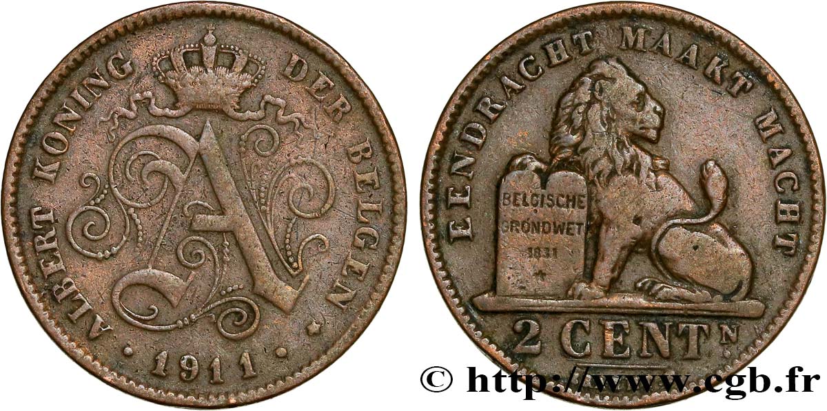 BELGIUM 2 Centimes monogramme d’Albert Ier légende flamande 1911  VF 