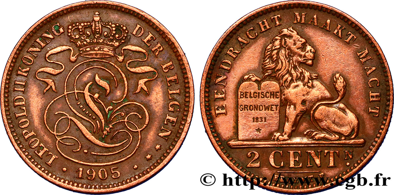 BELGIUM 2 Centimes lion monogramme de Léopold II légende flamande 1905  AU 