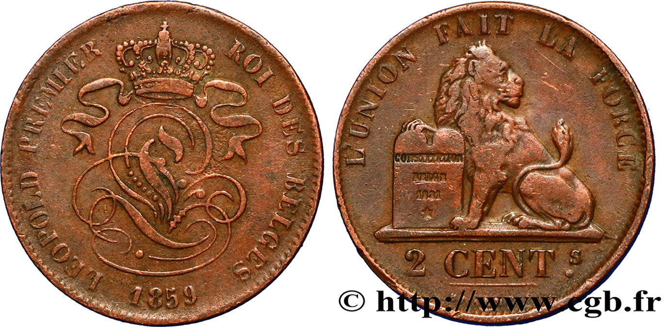 BELGIUM 2 Centimes lion monogramme de Léopold Ier 1859  XF 