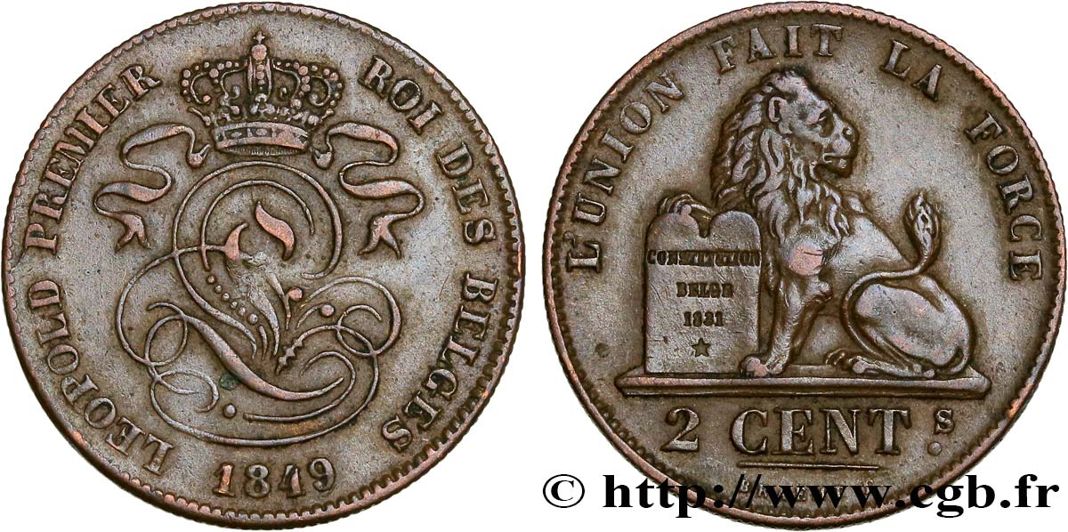 BELGIUM 2 Centimes lion monogramme de Léopold Ier 1849  XF 