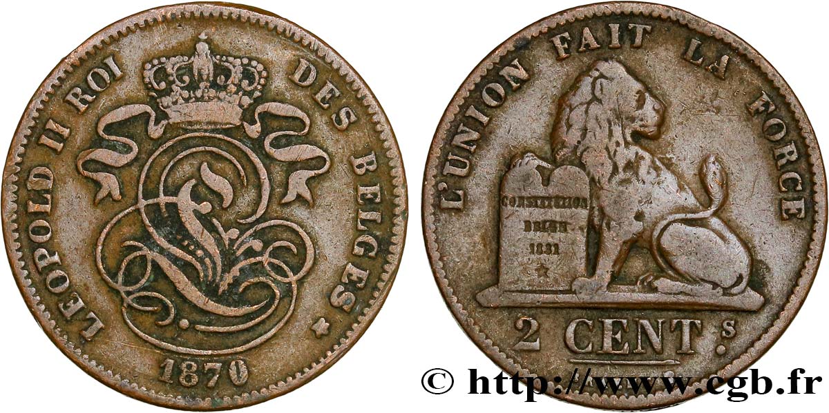 BELGIUM 2 Centimes lion monogramme de Léopold II 1870  VF 