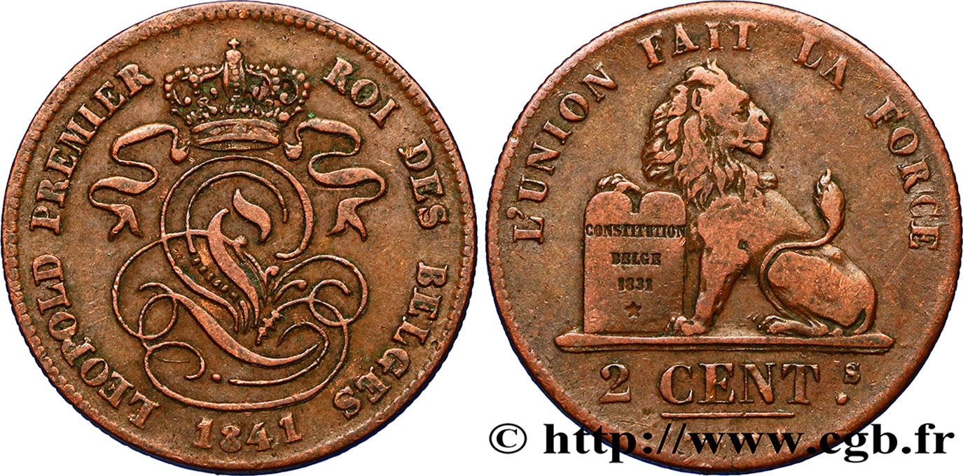 BELGIUM 2 Centimes lion monogramme de Léopold Ier 1841  XF 