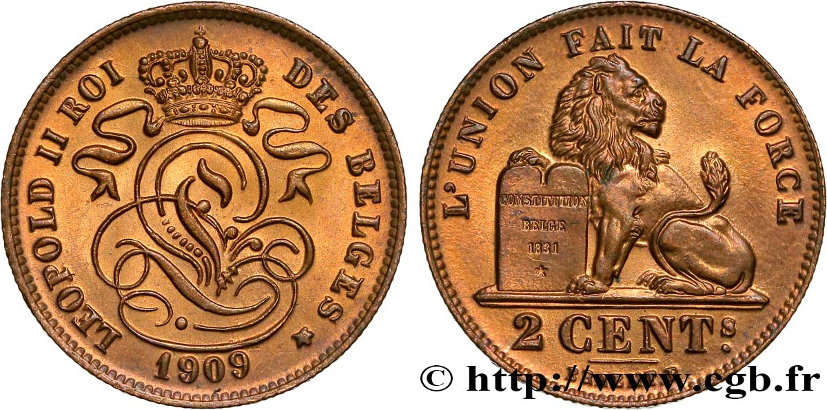 BELGIEN 2 Centimes lion monogramme de Léopold II légende française 1909  VZ 
