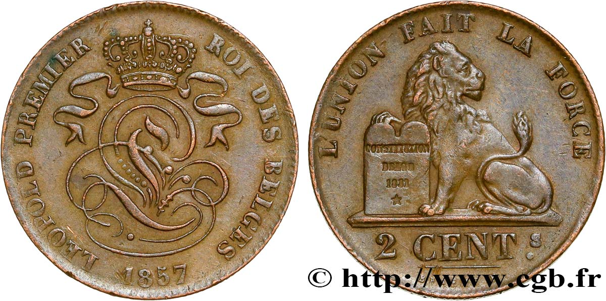 BÉLGICA 2 Centimes lion monogramme de Léopold Ier 1857  MBC+ 