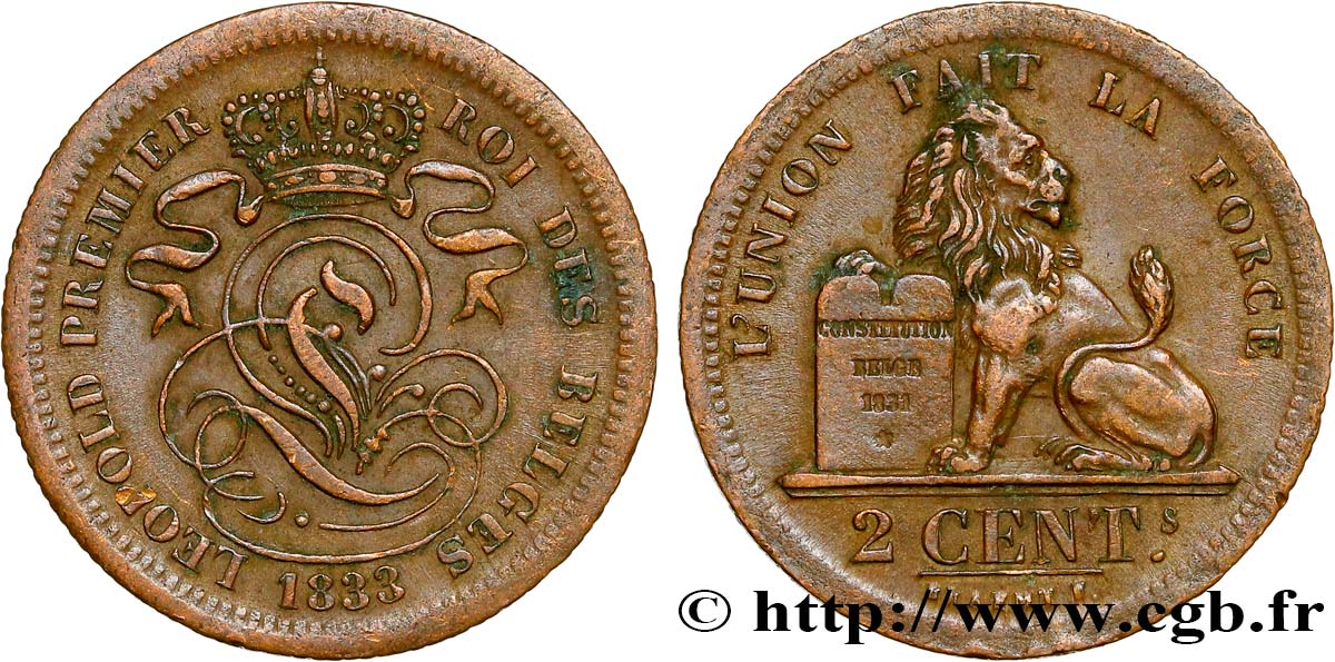 BELGIUM 2 Centimes lion monogramme de Léopold Ier 1833  XF 